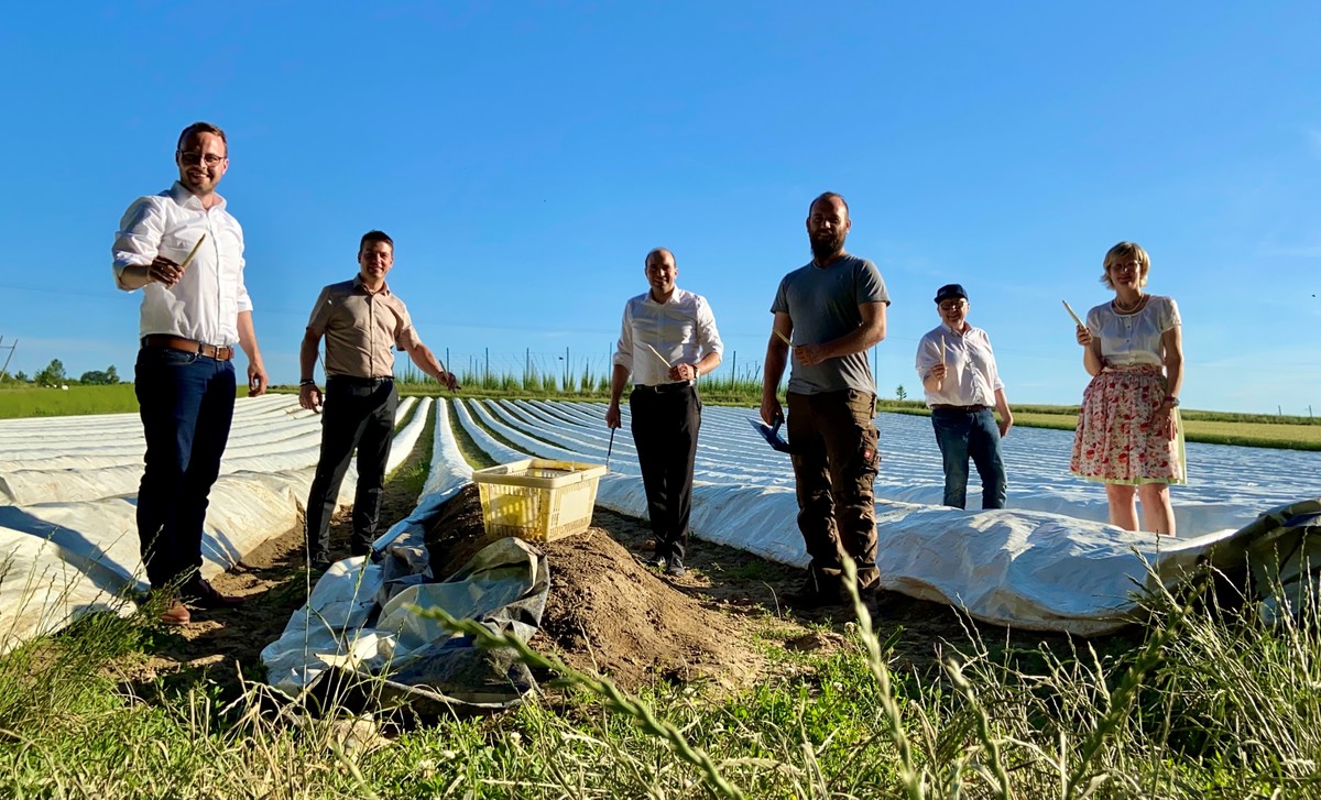 Die CSU-Kreistagsfraktionsspitze informierte sich beim Spargelhof Pr�cklmayer in Siegenburg. (v.l.): Niklas Neumeyer, Michael Ra�hofer, MdB Florian O�ner, Juniorchef Andreas Pr�cklmayer, Landrat Martin Neumeyer und Landtagsabgeordnete Petra H�gl 